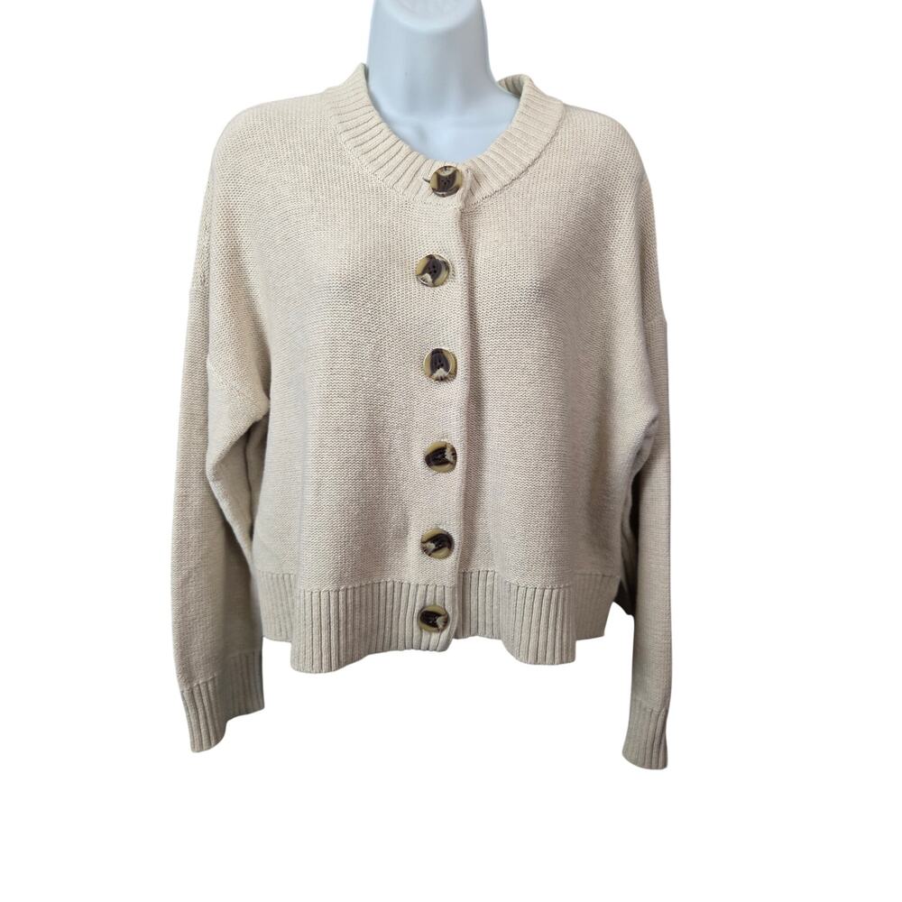 Quince Organic Cotton Cropped Cardigan Sweater Speckled Beige Size M